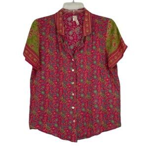 RAGA Lennon Button Up Top pink bohemian short sleeve blouse size Medium